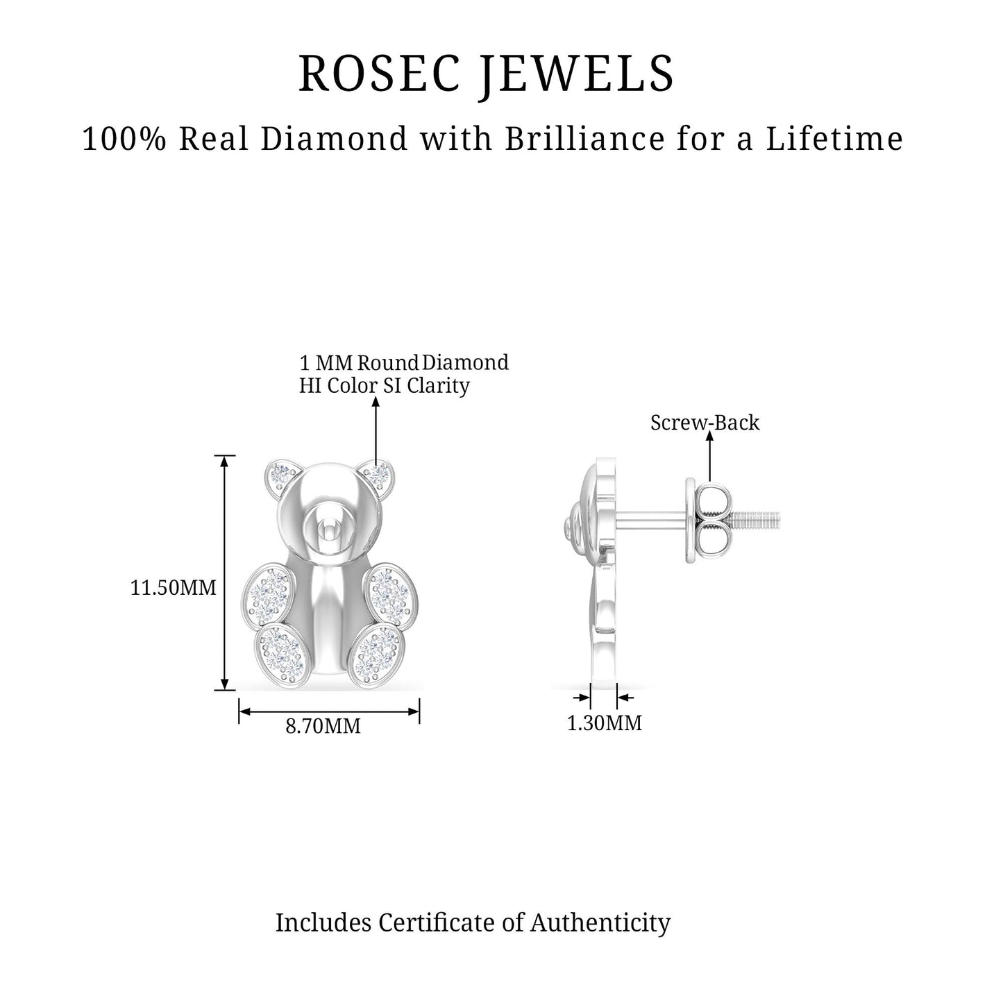 Teddy Bear Stud Earrings for Women with Diamonds