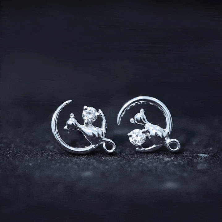 Diamond Cat Moon Stud Earrings for Women