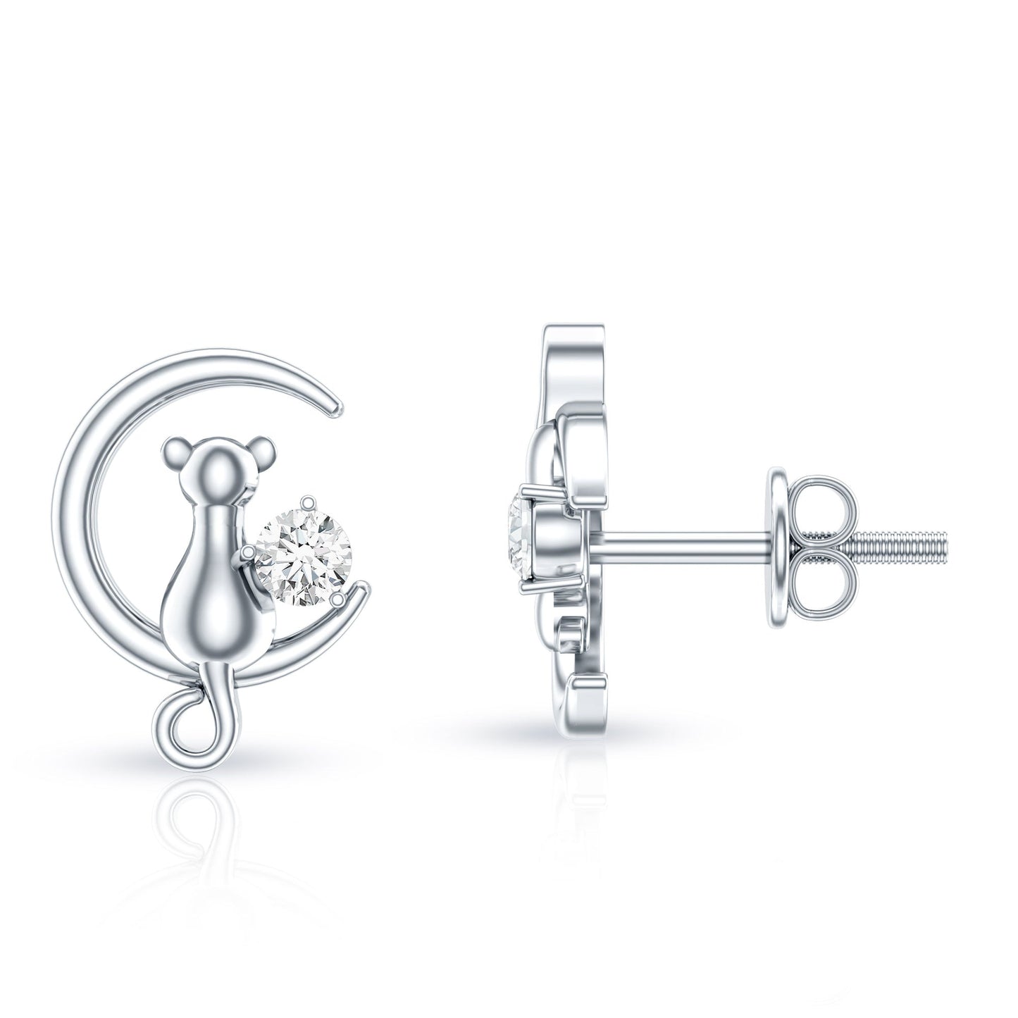 Diamond Cat Moon Stud Earrings for Women