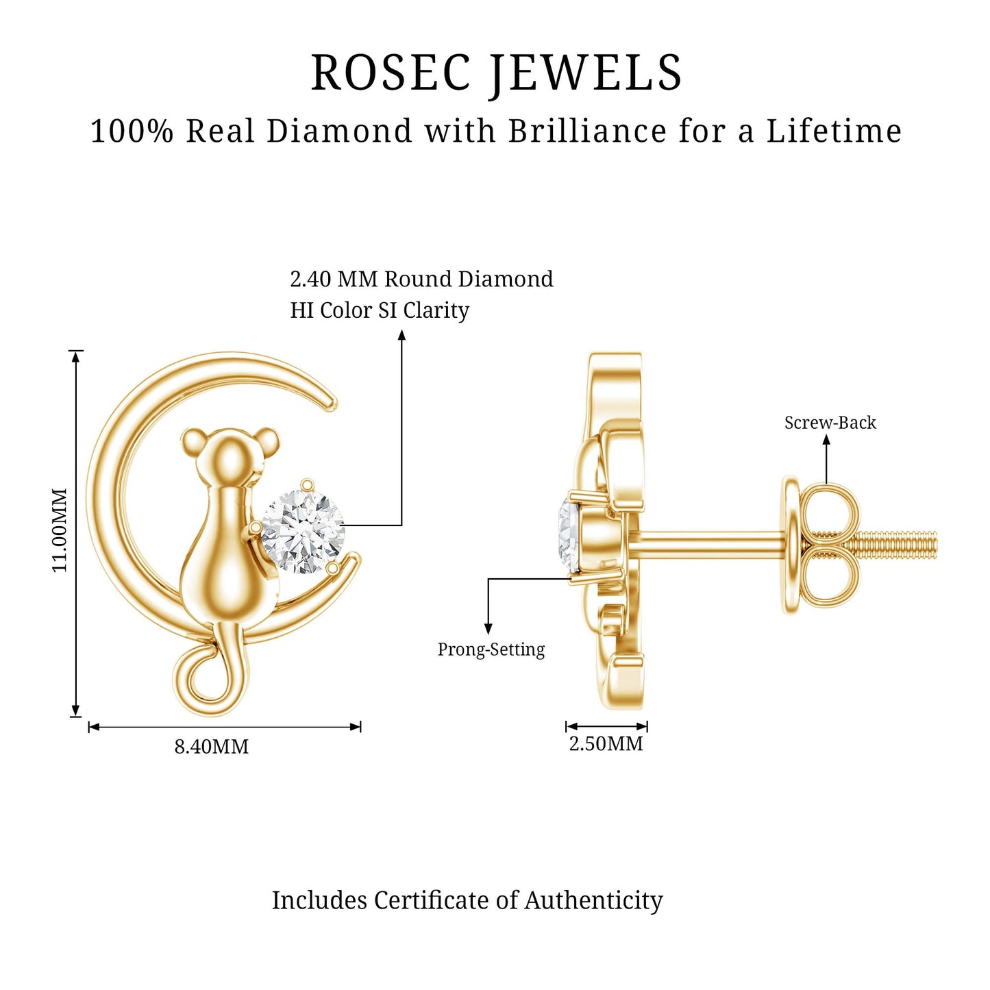 Diamond Cat Moon Stud Earrings for Women