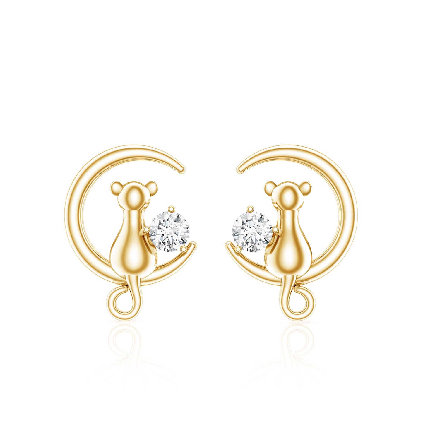 Diamond Cat Moon Stud Earrings for Women