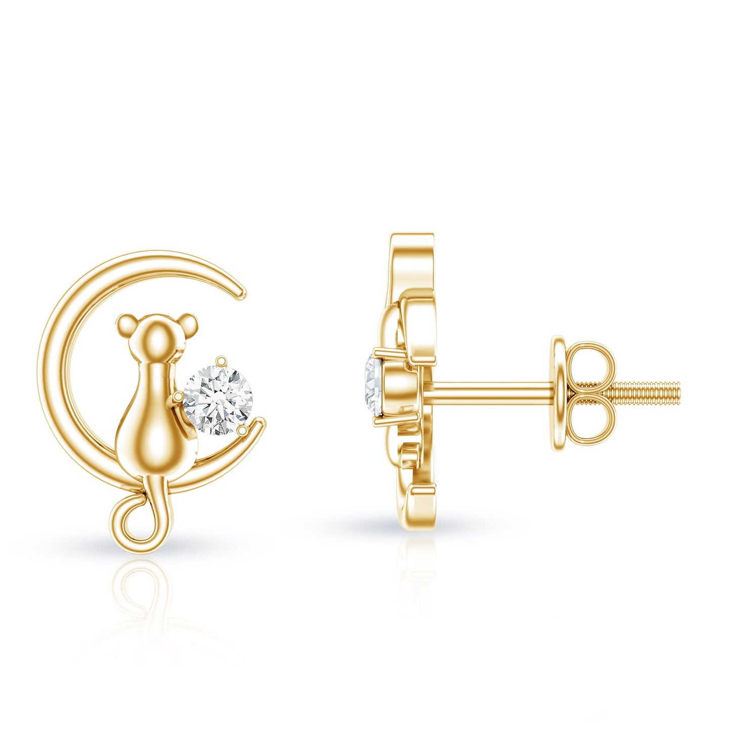Diamond Cat Moon Stud Earrings for Women