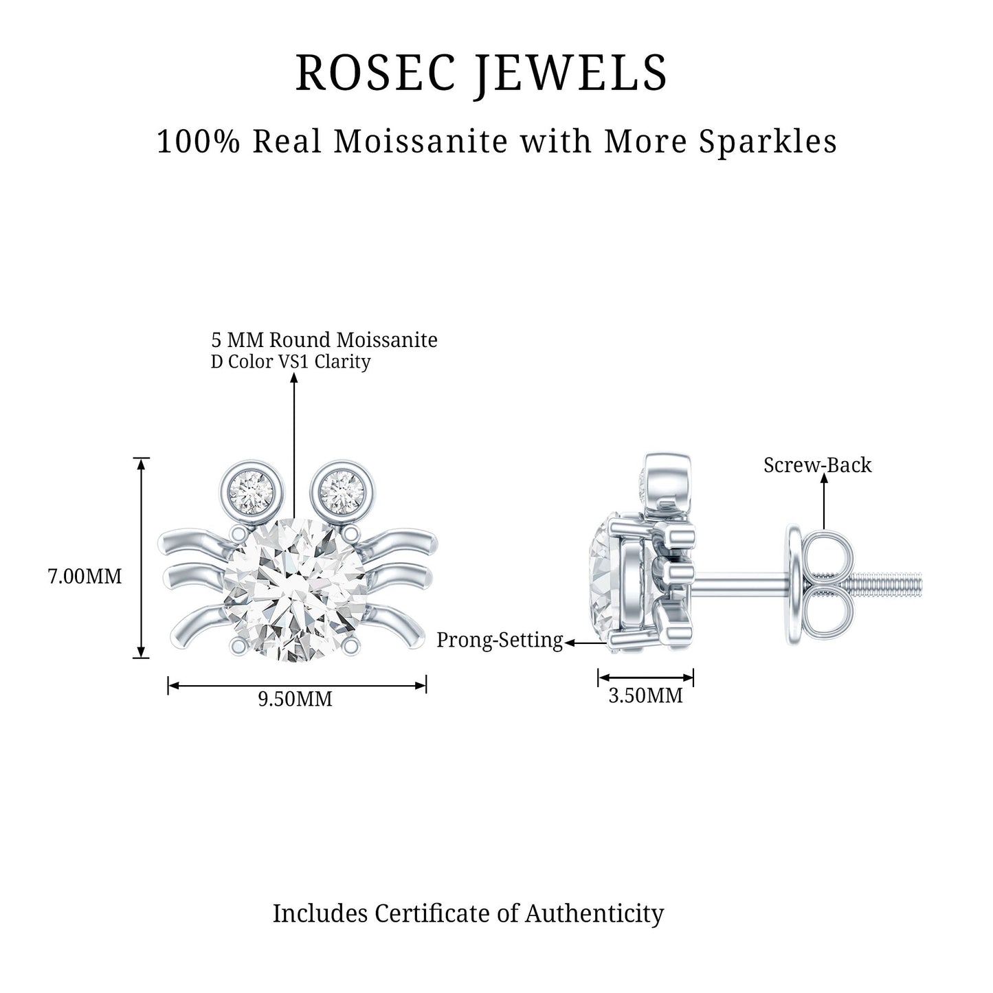 1 CT Moissanite Crab Stud Earrings with Certificate