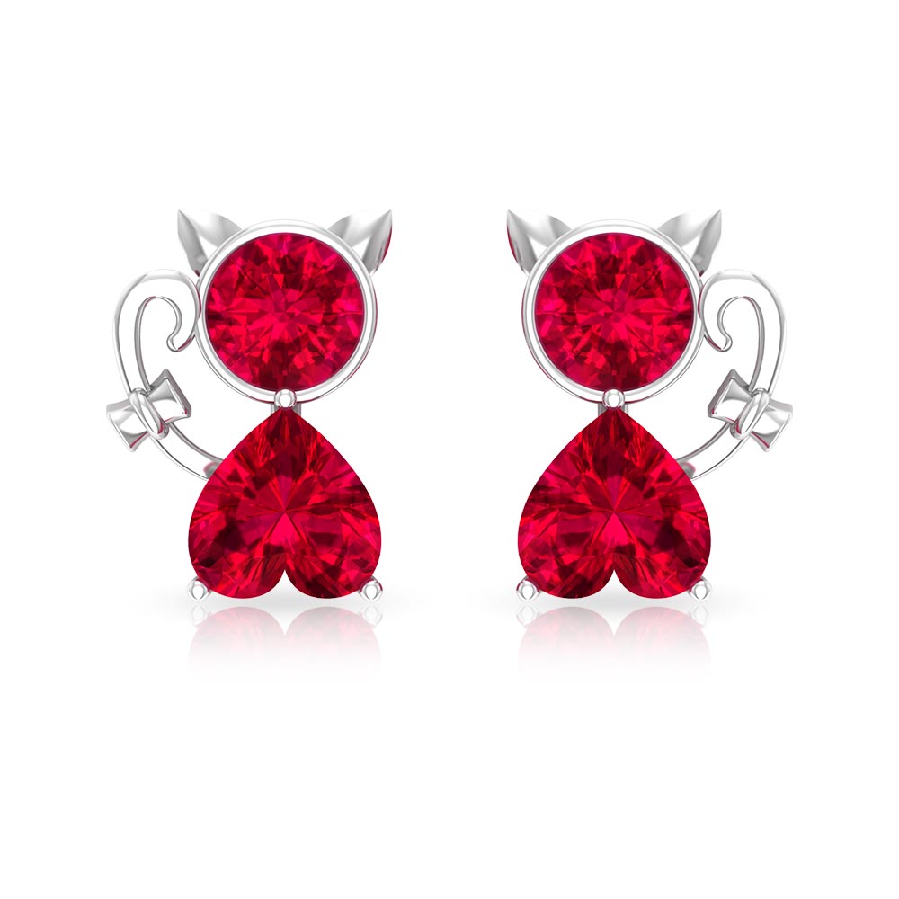 Kitty Stud Earrings with Round and Heart Shape Created Ruby
