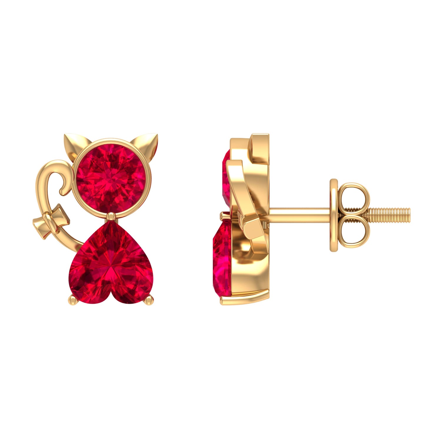 Kitty Stud Earrings with Round and Heart Shape Created Ruby
