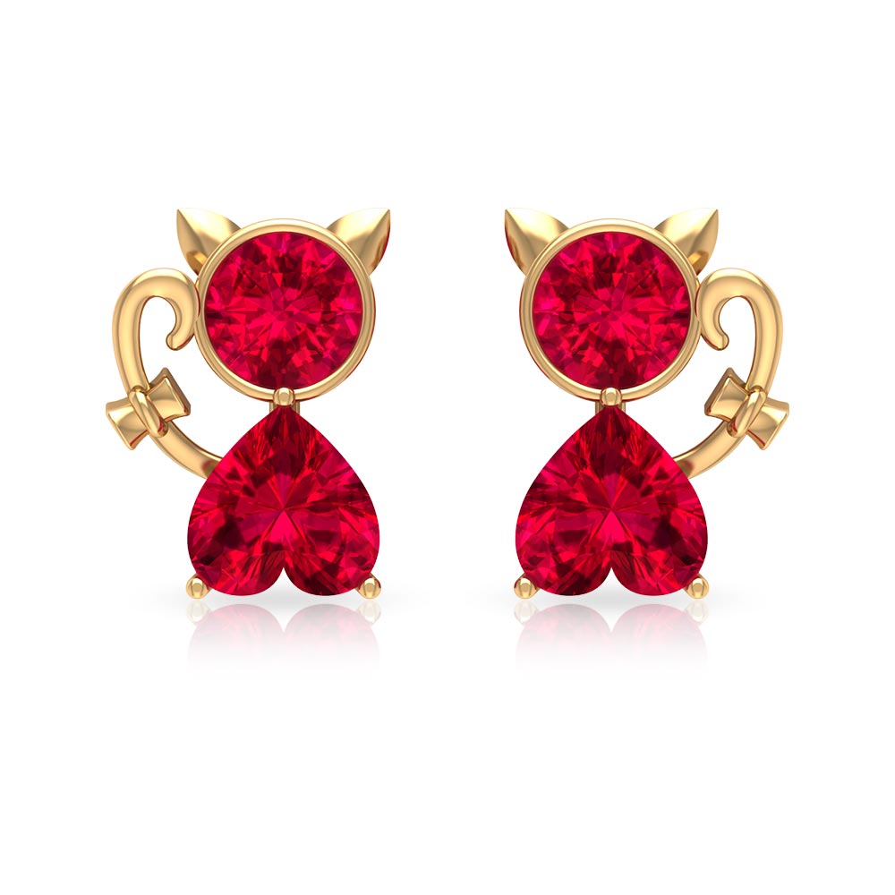 Kitty Stud Earrings with Round and Heart Shape Created Ruby