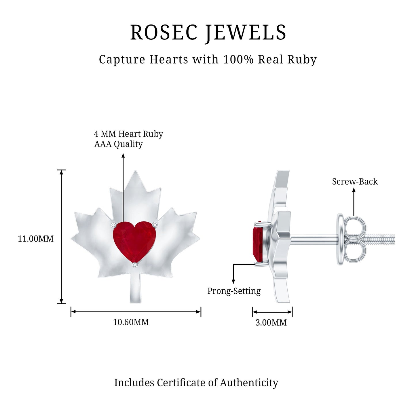 0.94 Carat Heart Shape Ruby Maple Leaf Stud Earrings