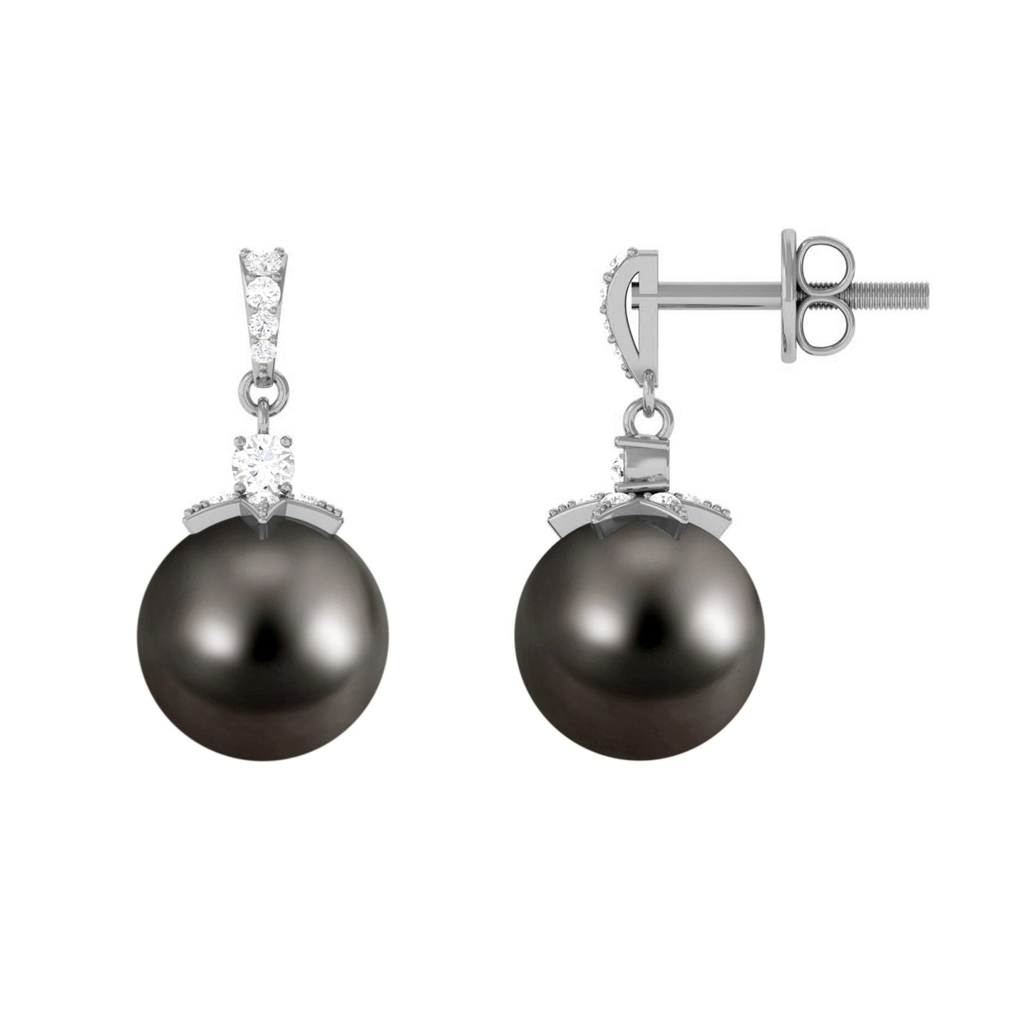 Cultured 15 Carat Black Tahitian Pearl Bridal Drop Earrings with Diamond