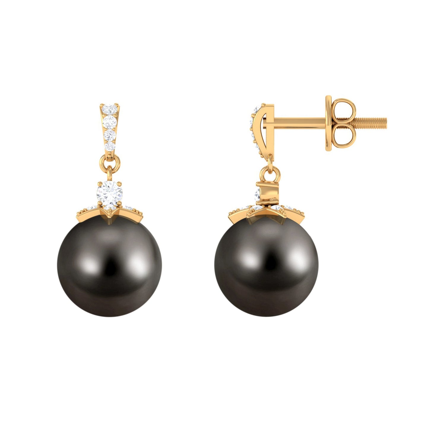Cultured 15 Carat Black Tahitian Pearl Bridal Drop Earrings with Diamond