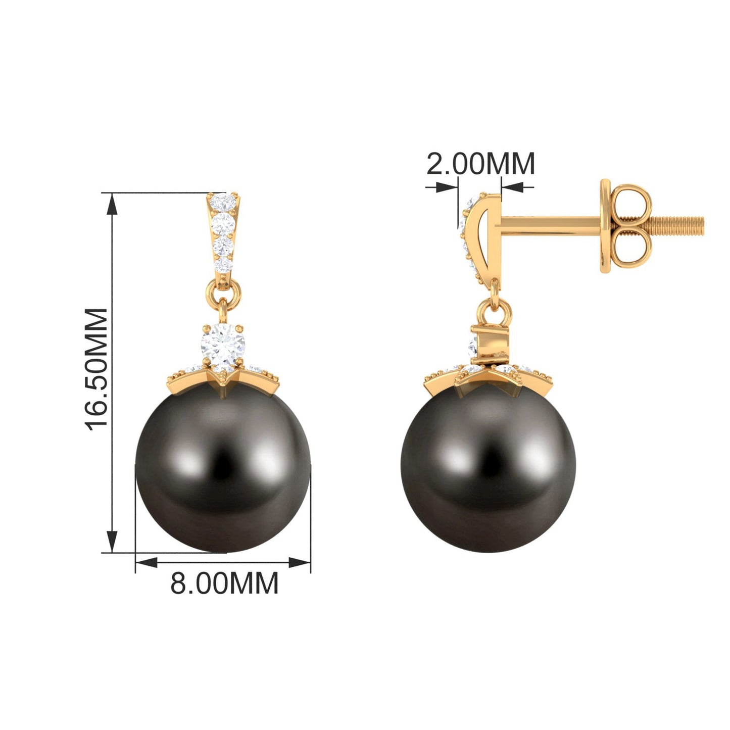 Cultured 15 Carat Black Tahitian Pearl Bridal Drop Earrings with Diamond