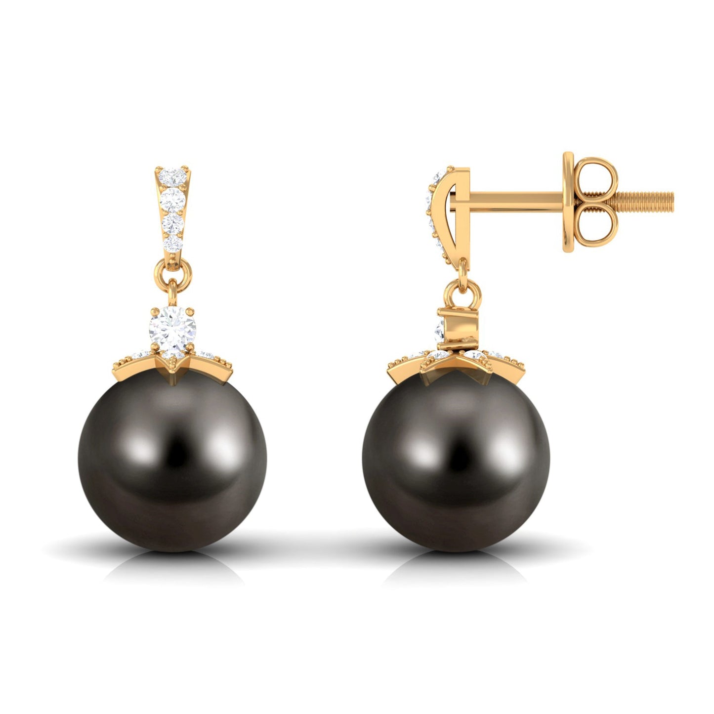 Cultured 15 Carat Black Tahitian Pearl Bridal Drop Earrings with Diamond