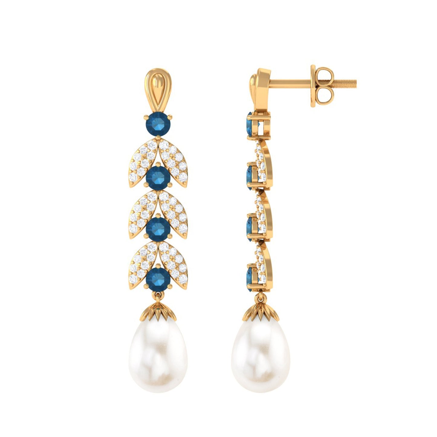 Freshwater Pearl Dangle Earrings with Blue Topaz and Diamond