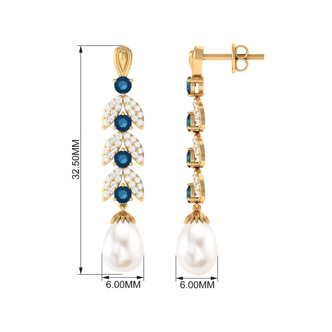 Freshwater Pearl Dangle Earrings with Blue Topaz and Diamond