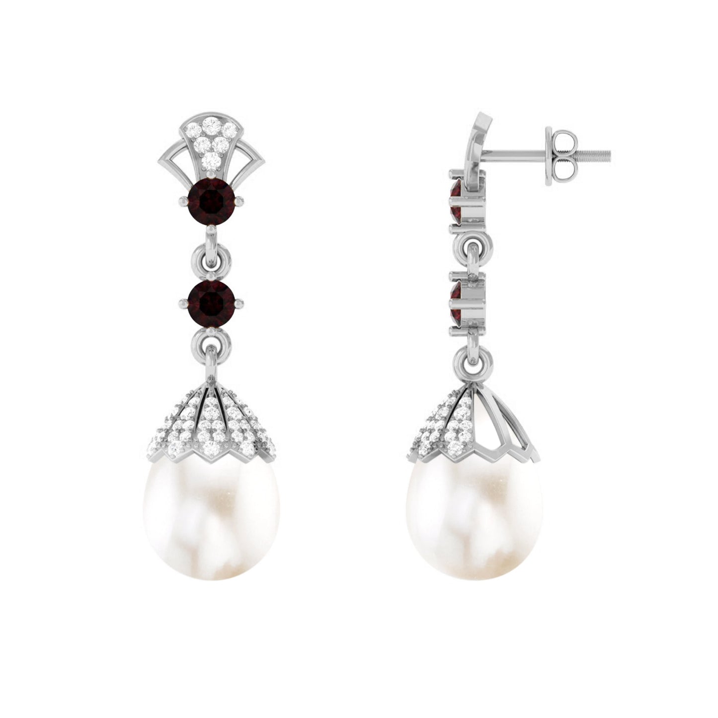 Vintage Inspired Pearl Dangle Earrings with Garnet