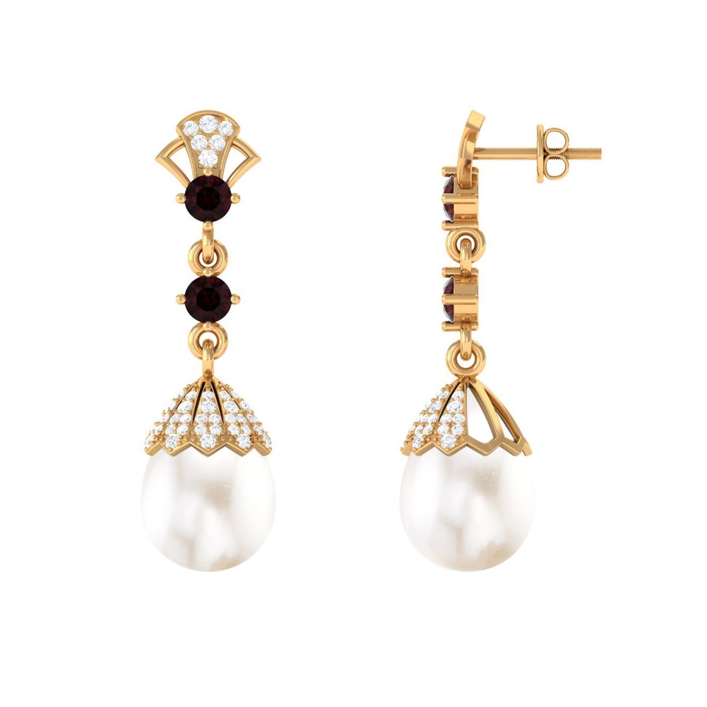 Vintage Inspired Pearl Dangle Earrings with Garnet