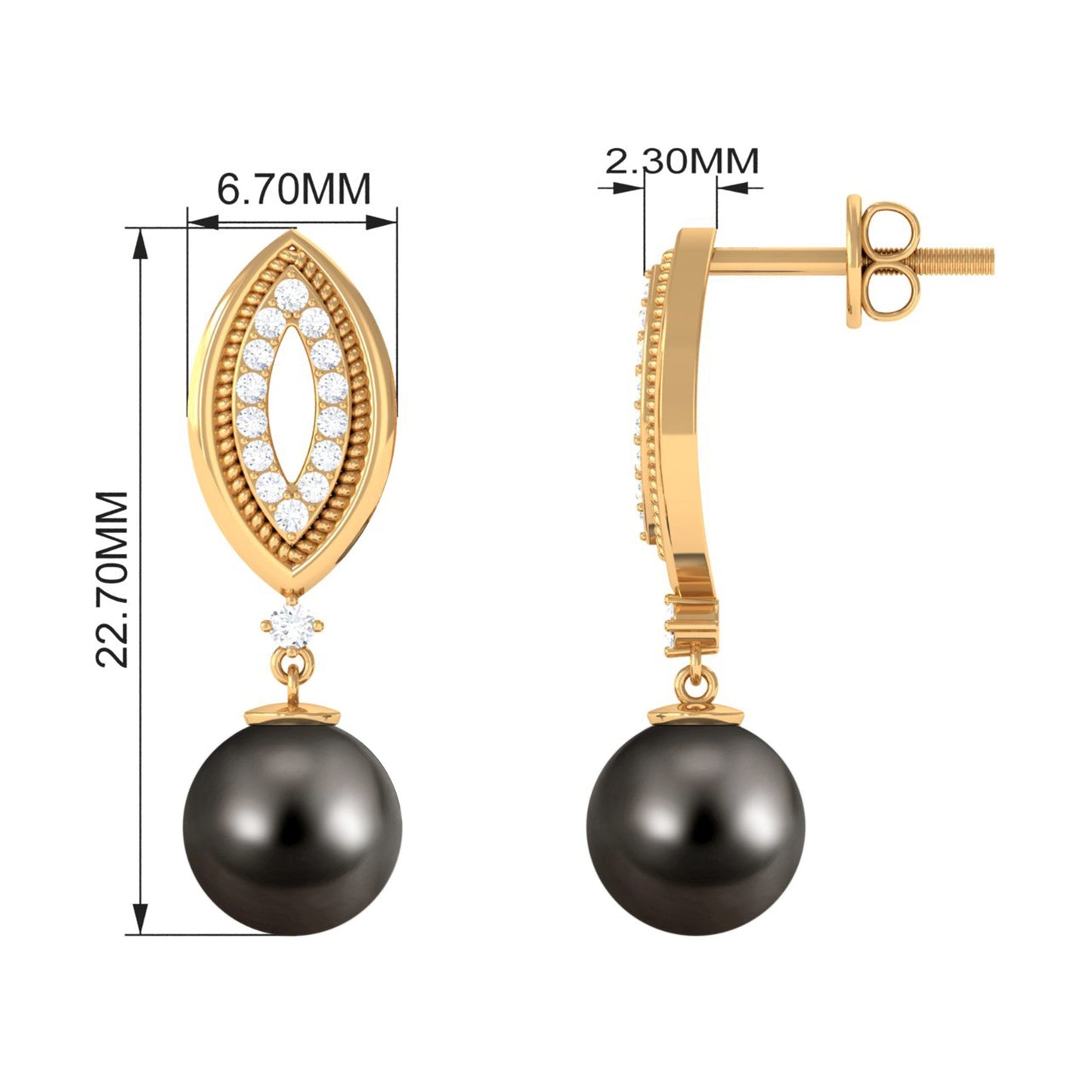 Cultured 15 Carat Tahitian Pearl Wedding Drop Earrings with Diamond