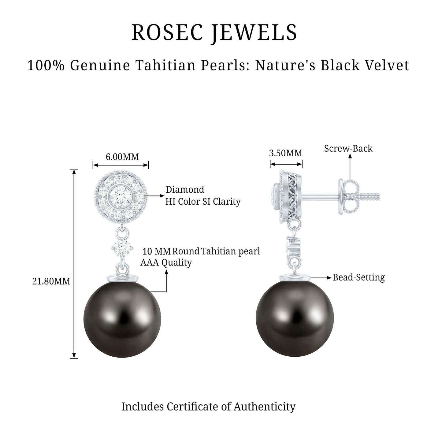 Natural 16 Carat Tahitian Pearl Diamond Drop Earrings for Women