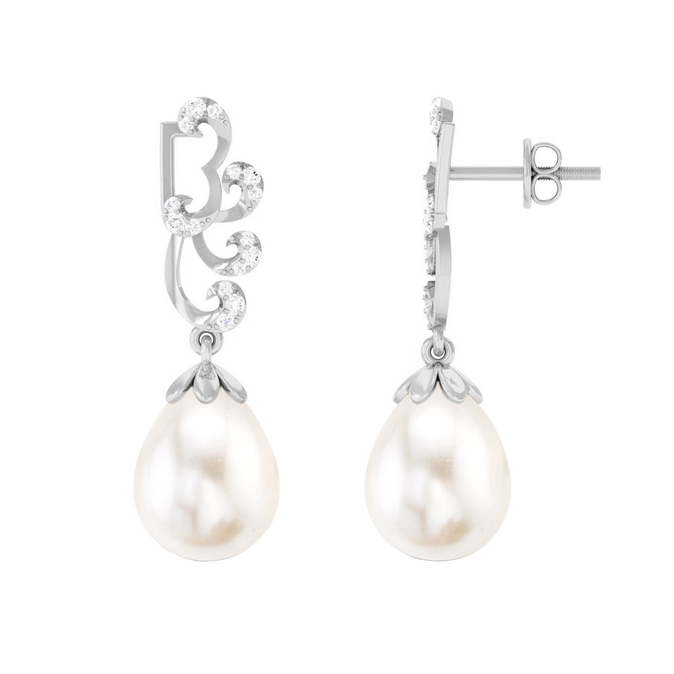 12 Carat Freshwater Pearl Designer Drop Earrings with Diamond