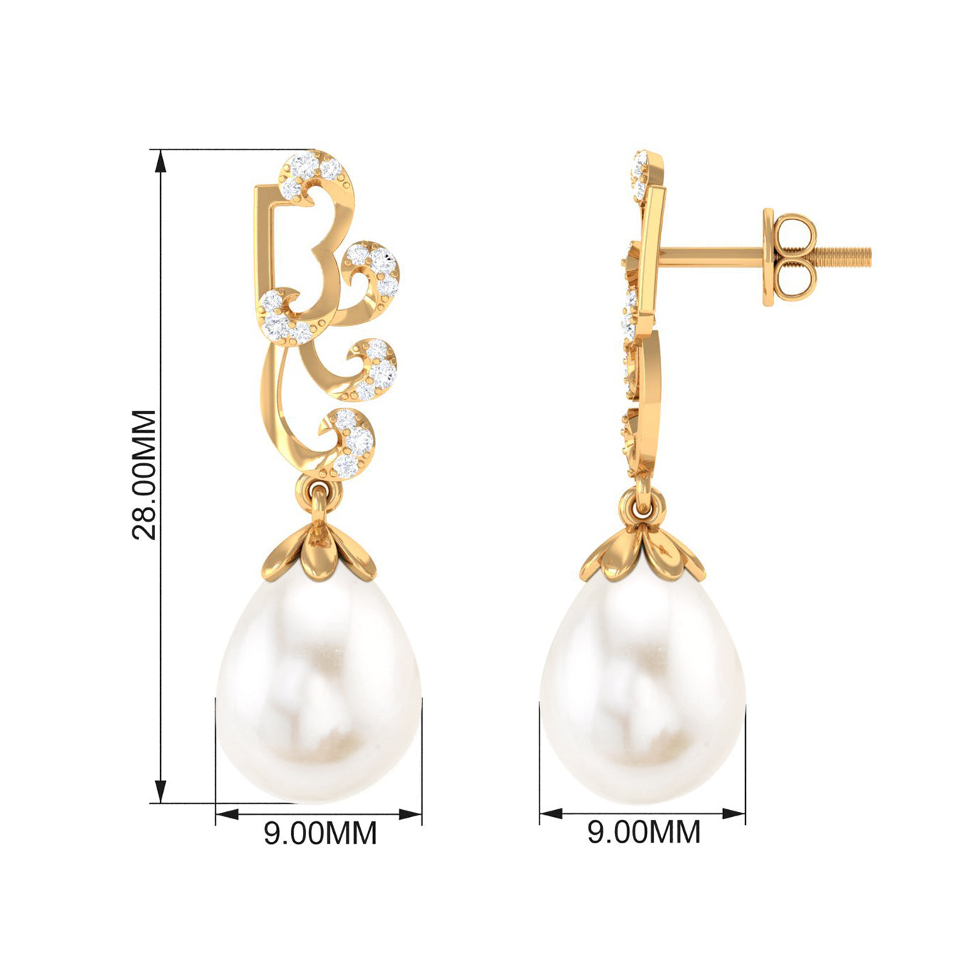 12 Carat Freshwater Pearl Designer Drop Earrings with Diamond