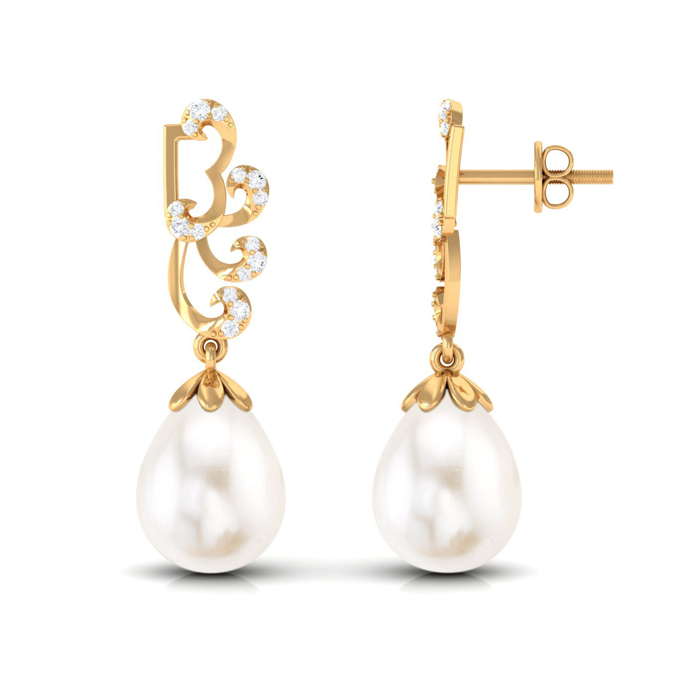 12 Carat Freshwater Pearl Designer Drop Earrings with Diamond