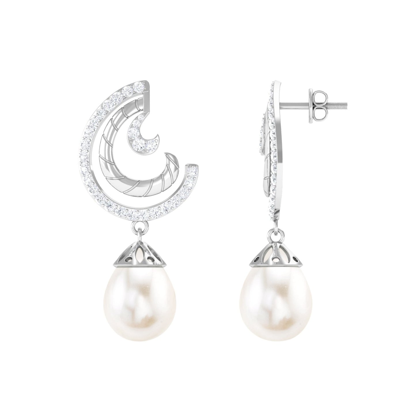 Designer Freshwater Pearl Bridal Drop Earrings with Diamond