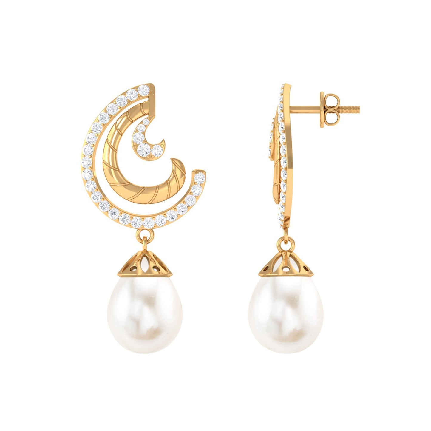Designer Freshwater Pearl Bridal Drop Earrings with Diamond