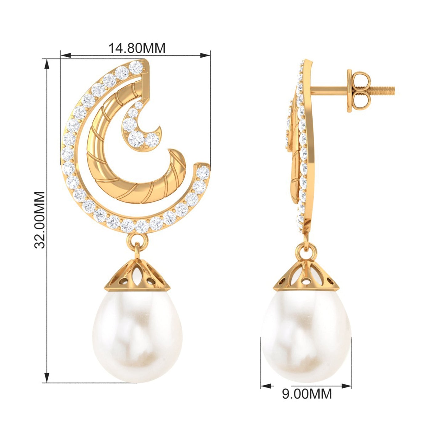 Designer Freshwater Pearl Bridal Drop Earrings with Diamond