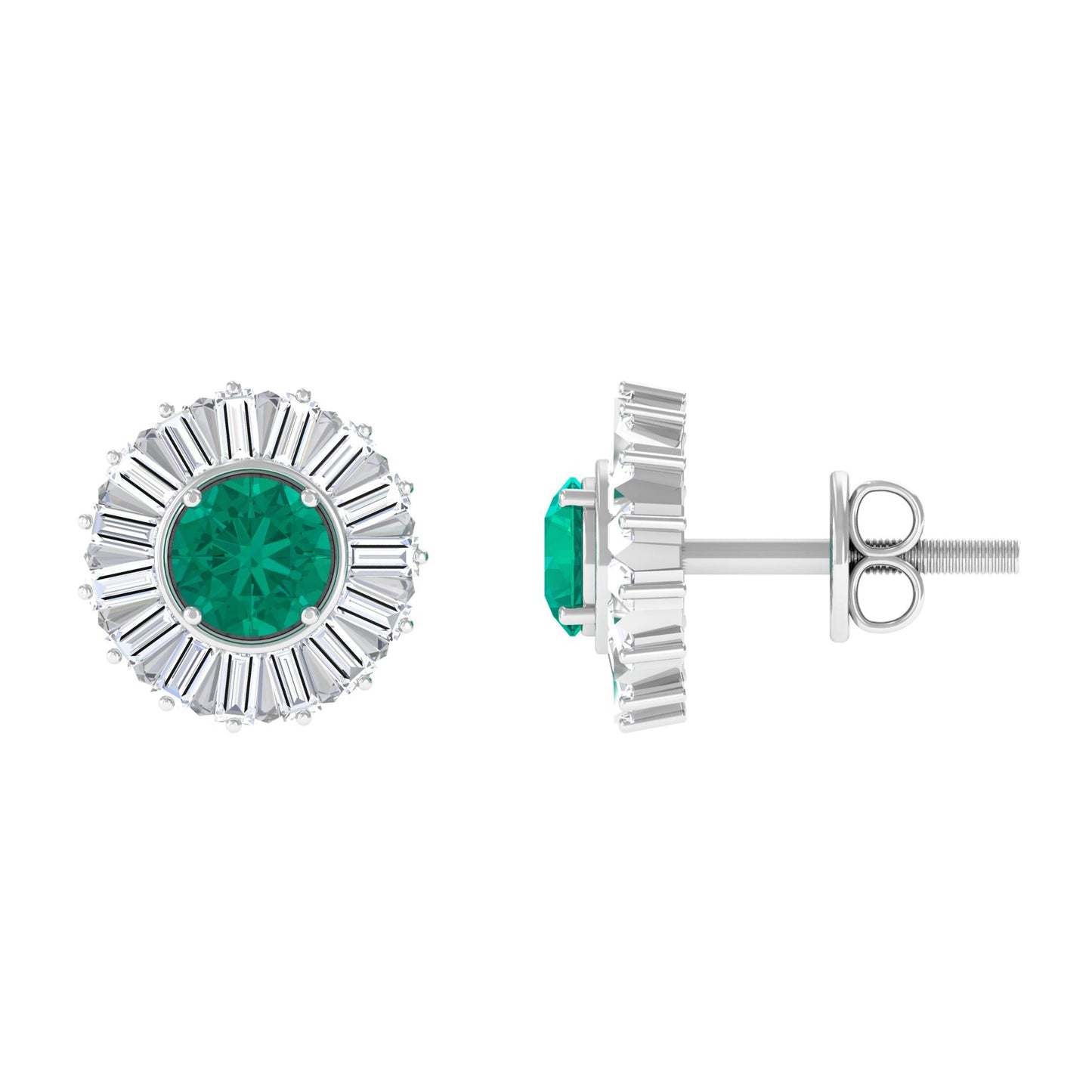 0.9 Carat Emerald Stud Earrings with Baguette Diamond Halo