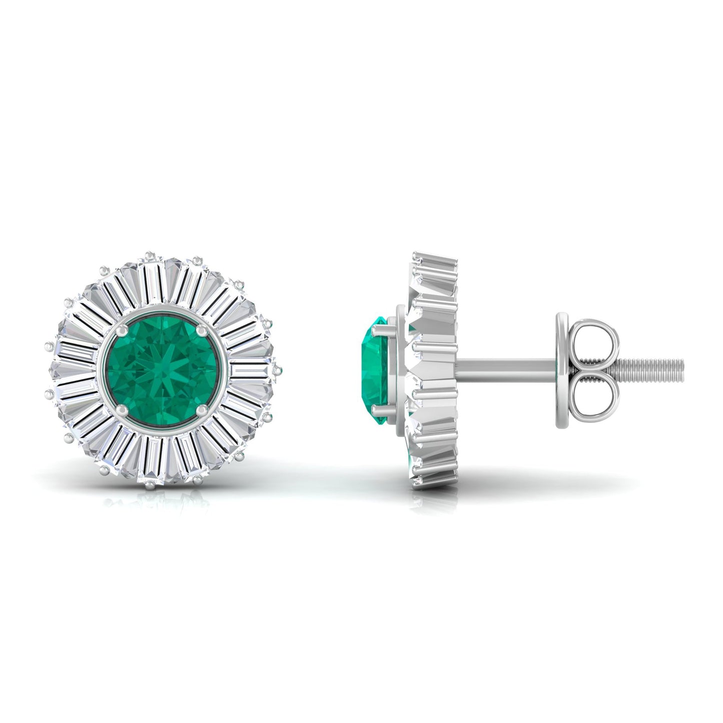 0.9 Carat Emerald Stud Earrings with Baguette Diamond Halo