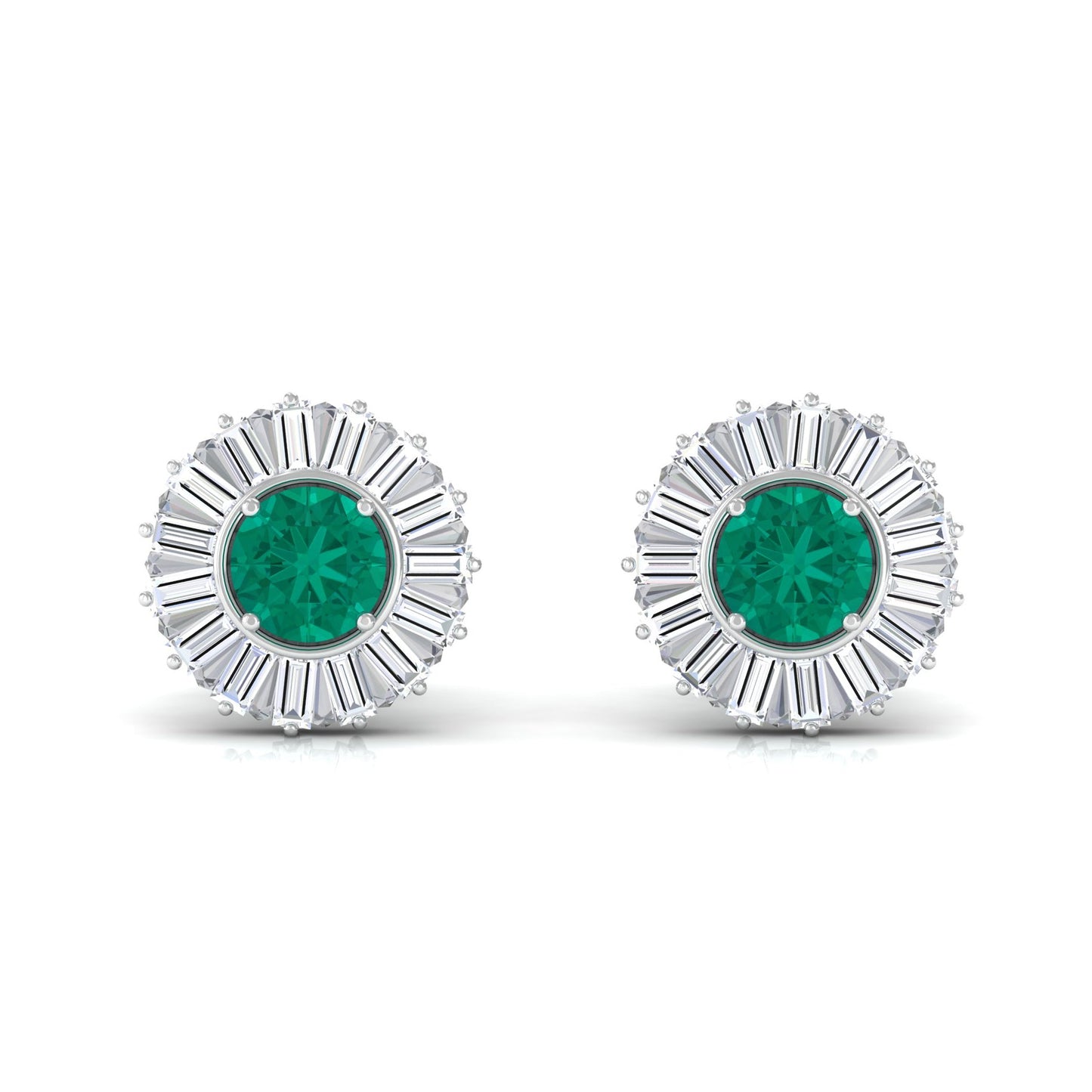 0.9 Carat Emerald Stud Earrings with Baguette Diamond Halo