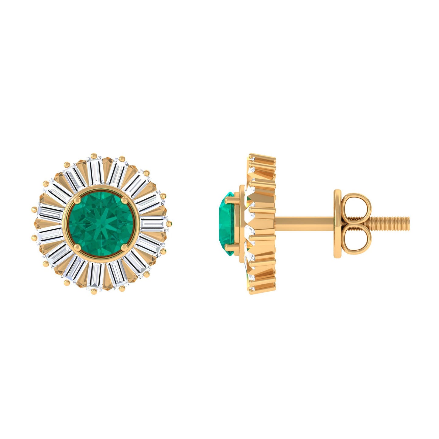 0.9 Carat Emerald Stud Earrings with Baguette Diamond Halo