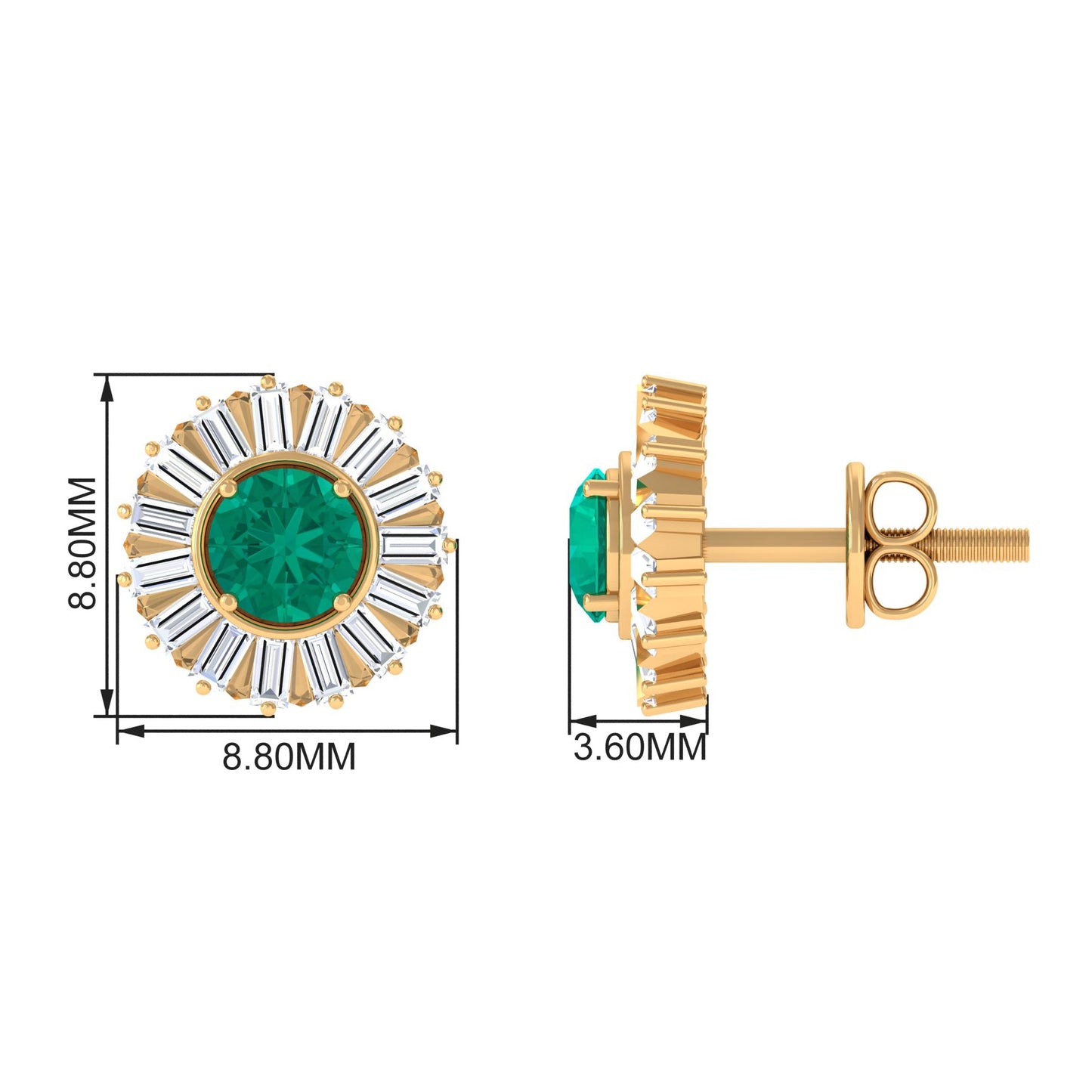 0.9 Carat Emerald Stud Earrings with Baguette Diamond Halo