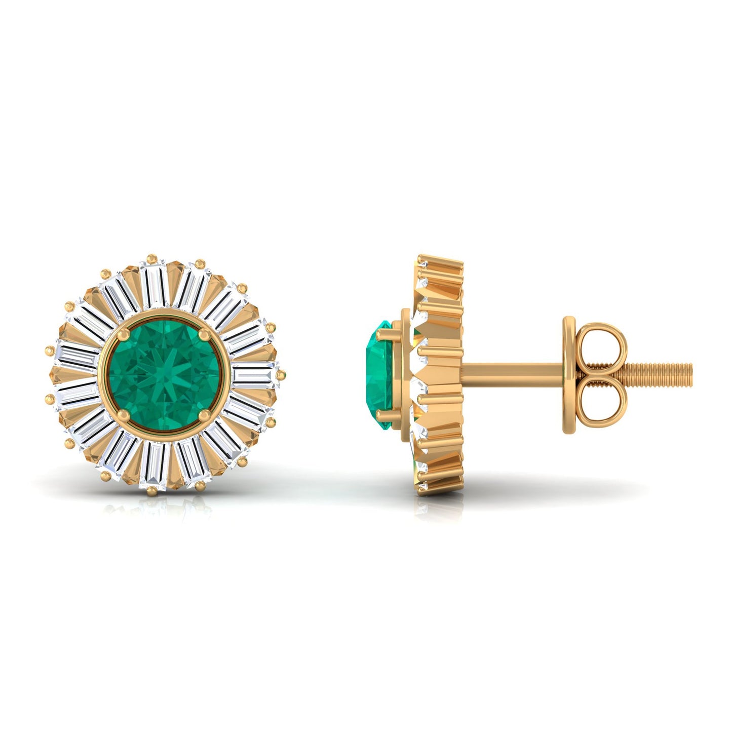 0.9 Carat Emerald Stud Earrings with Baguette Diamond Halo