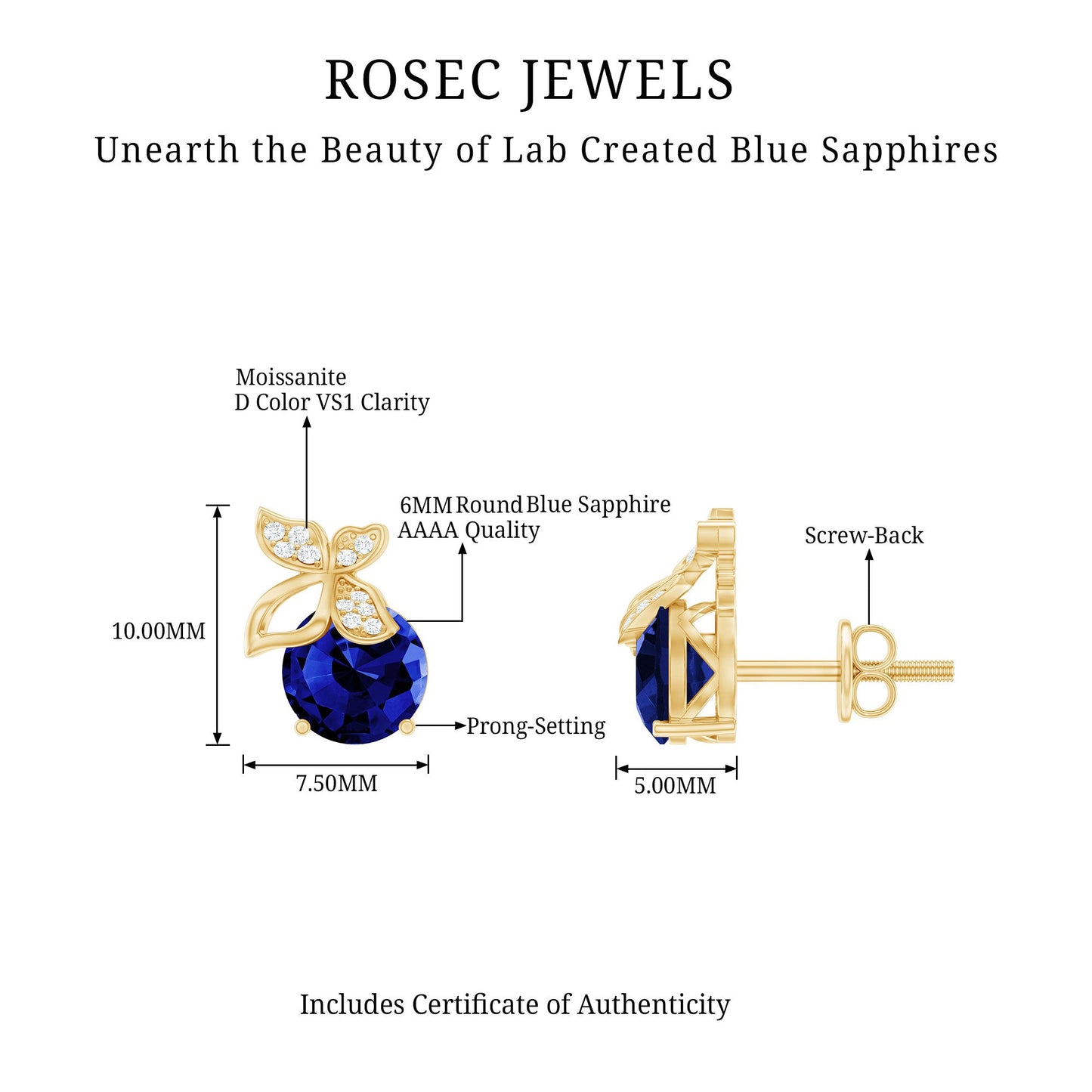 2 Carat Lab Created Blue Sapphire and Diamond Butterfly Stud Earrings