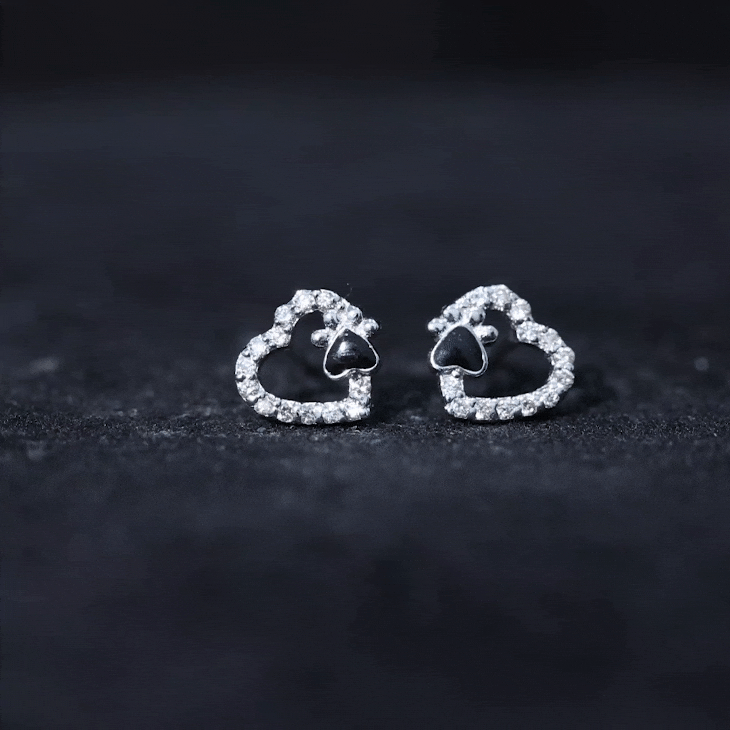 Moissanite Heart and Paw Stud Earrings with Enamel