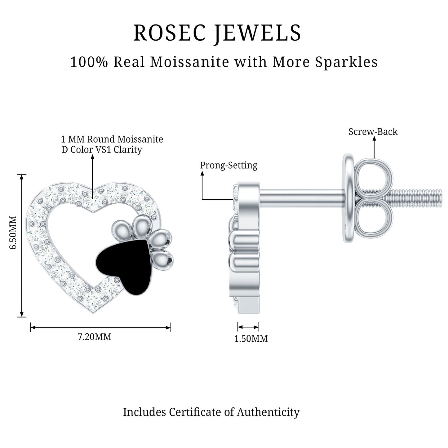 Moissanite Heart and Paw Stud Earrings with Enamel