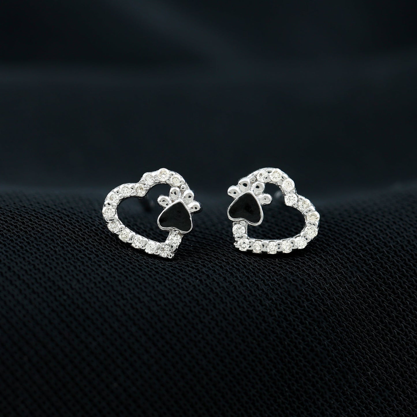 Moissanite Heart and Paw Stud Earrings with Enamel