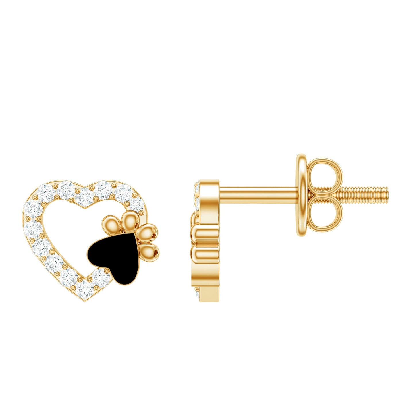 Moissanite Heart and Paw Stud Earrings with Enamel