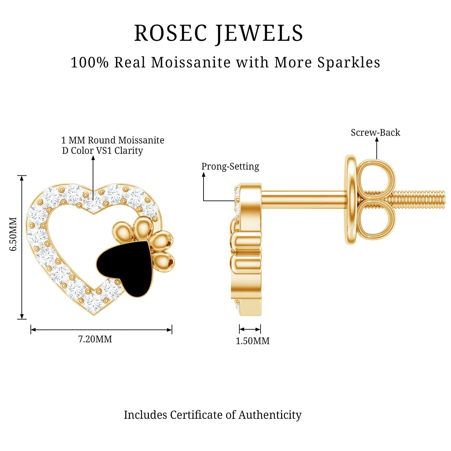 Moissanite Heart and Paw Stud Earrings with Enamel