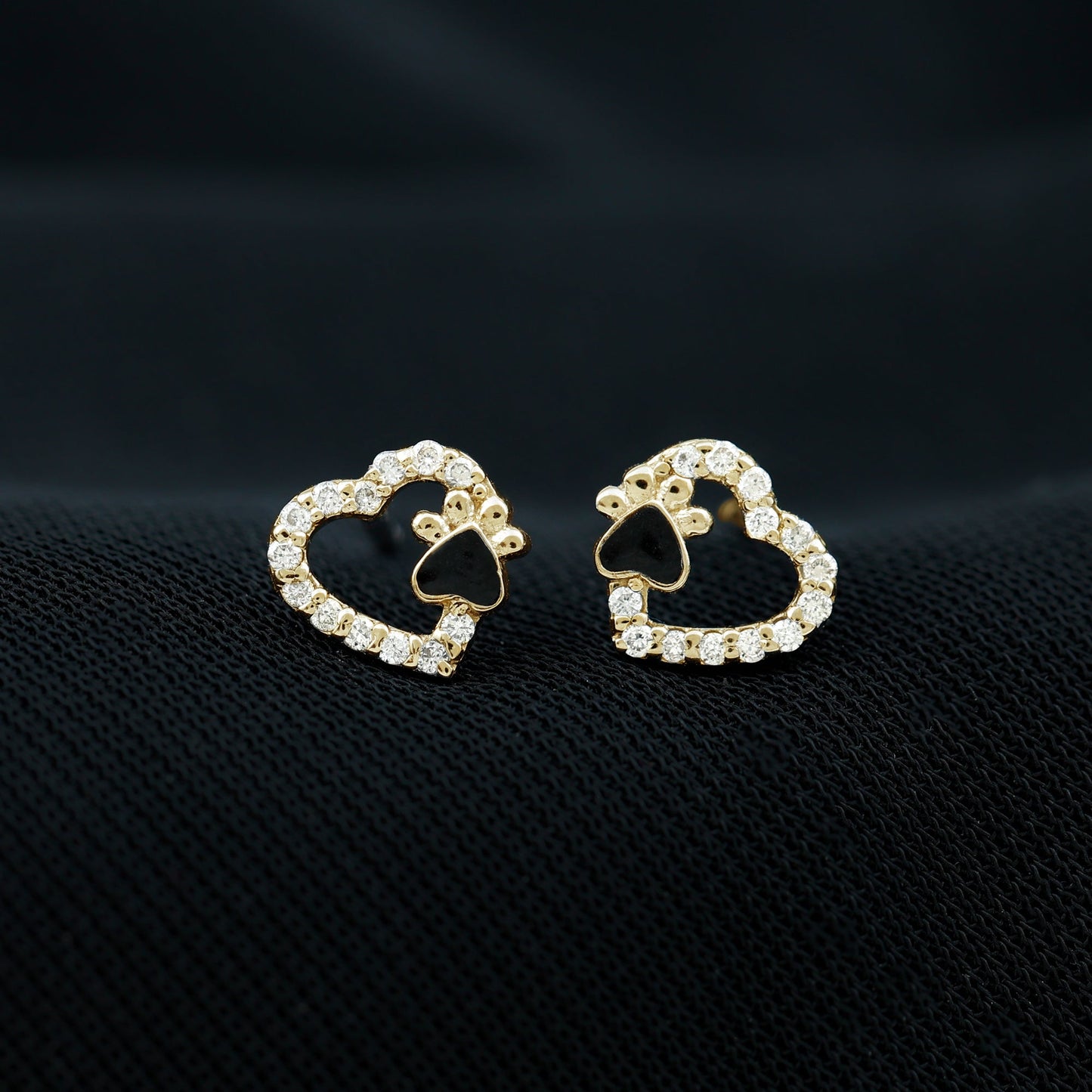 Moissanite Heart and Paw Stud Earrings with Enamel