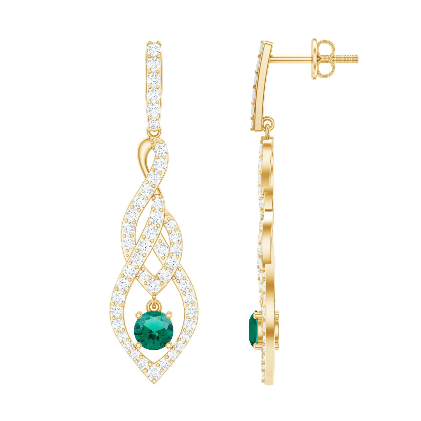 Certified Lab Grown Emerald Dangle Earrings with Diamond Accent