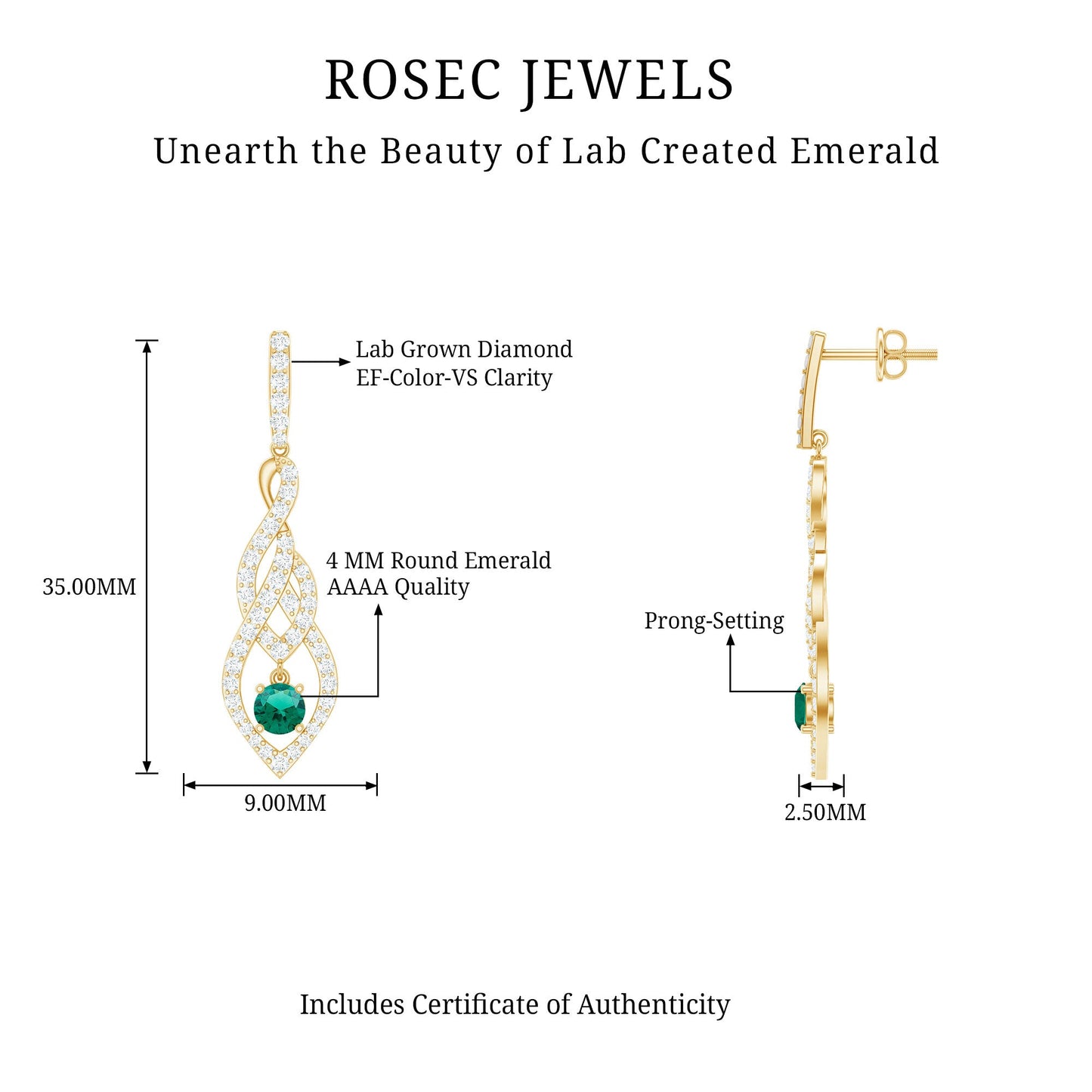 Certified Lab Grown Emerald Dangle Earrings with Diamond Accent