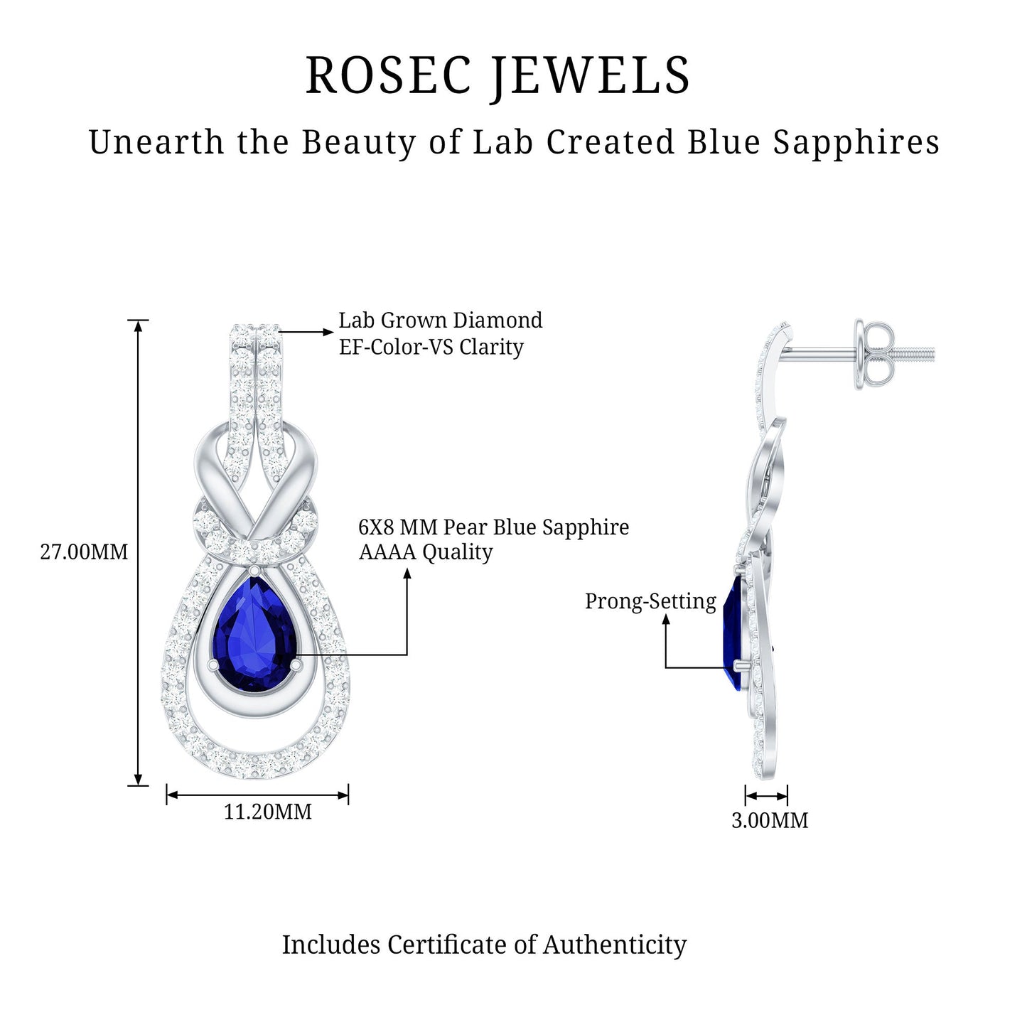 Lab Grown Blue Sapphire Wedding Earrings with Diamond