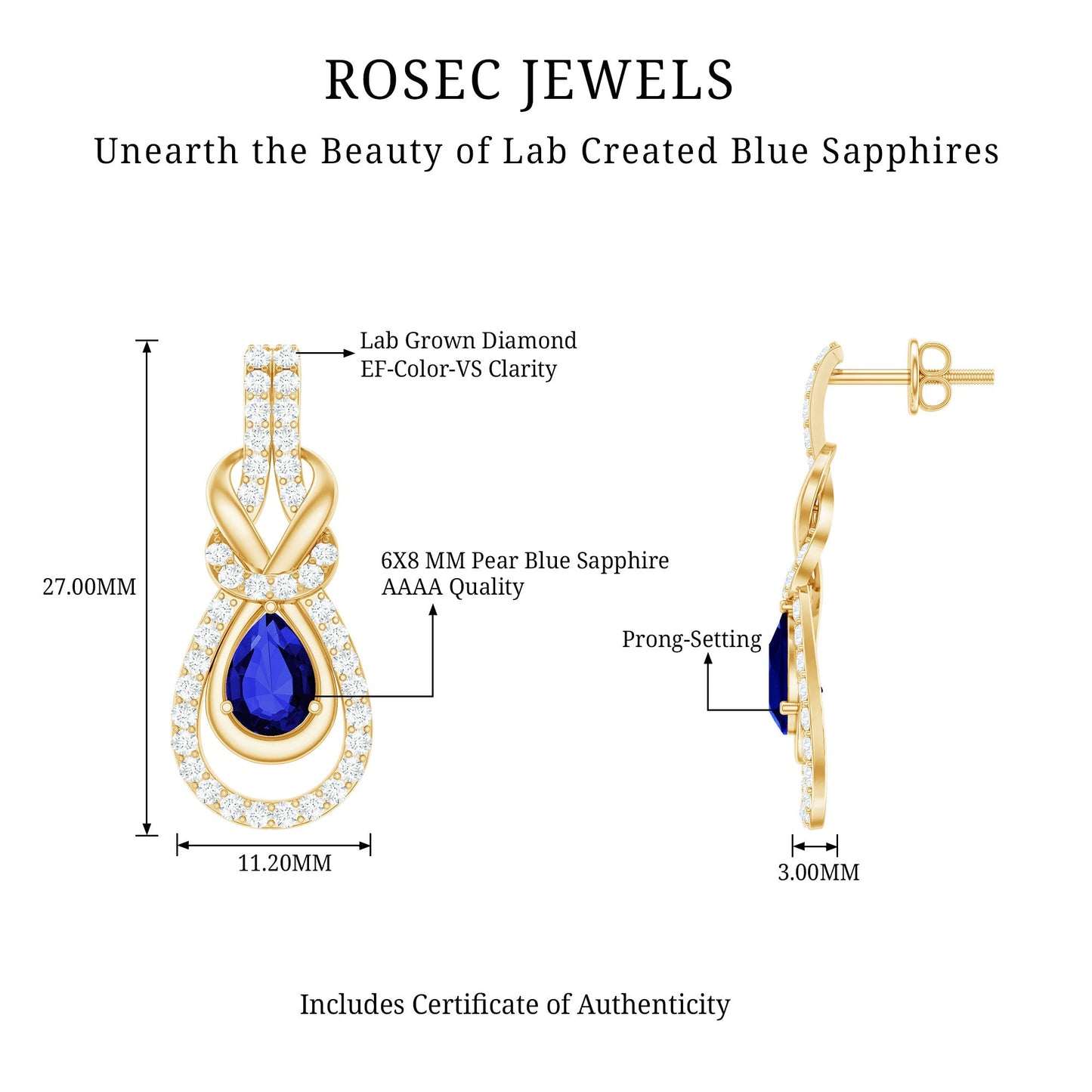 Lab Grown Blue Sapphire Wedding Earrings with Diamond