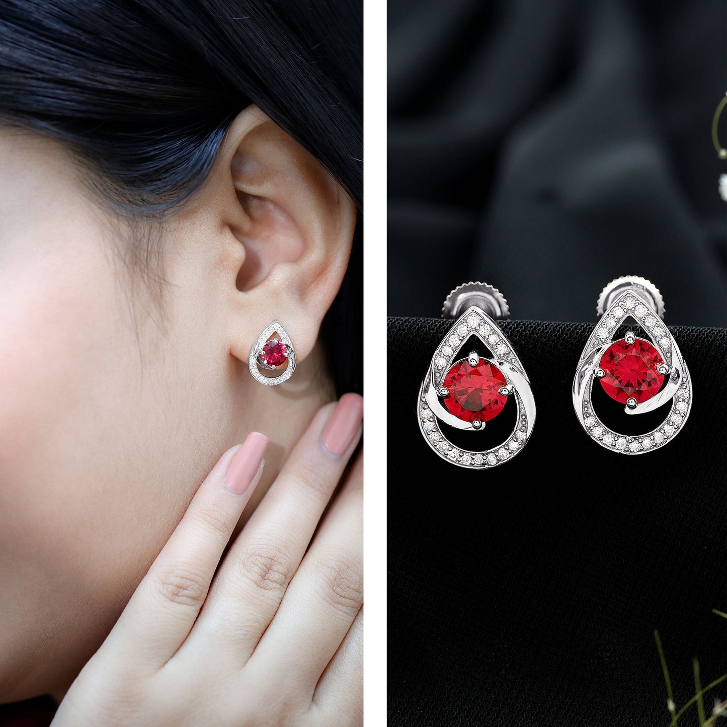 Lab Grown Ruby Teardrop Stud Earrings With Diamond