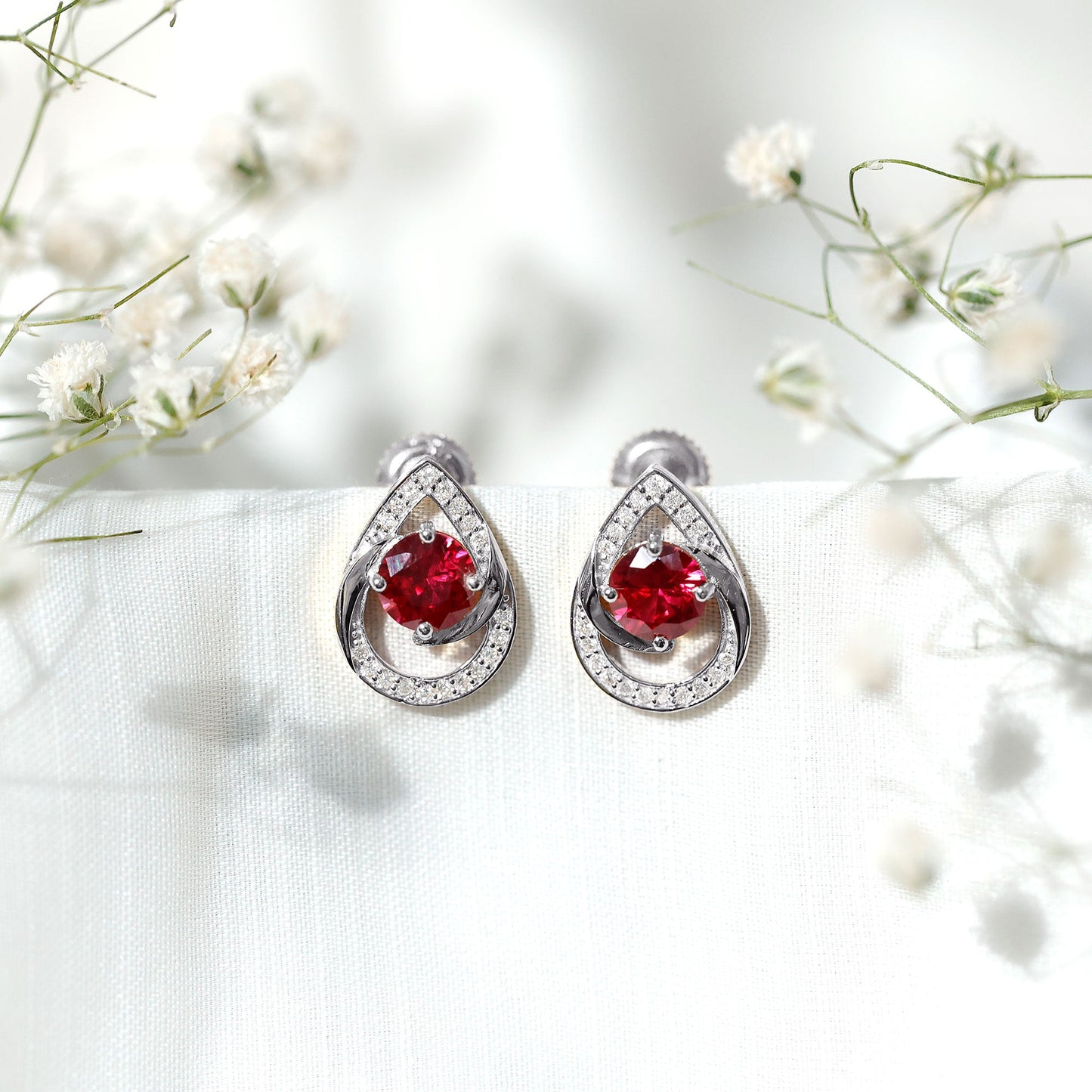 Lab Grown Ruby Teardrop Stud Earrings With Diamond