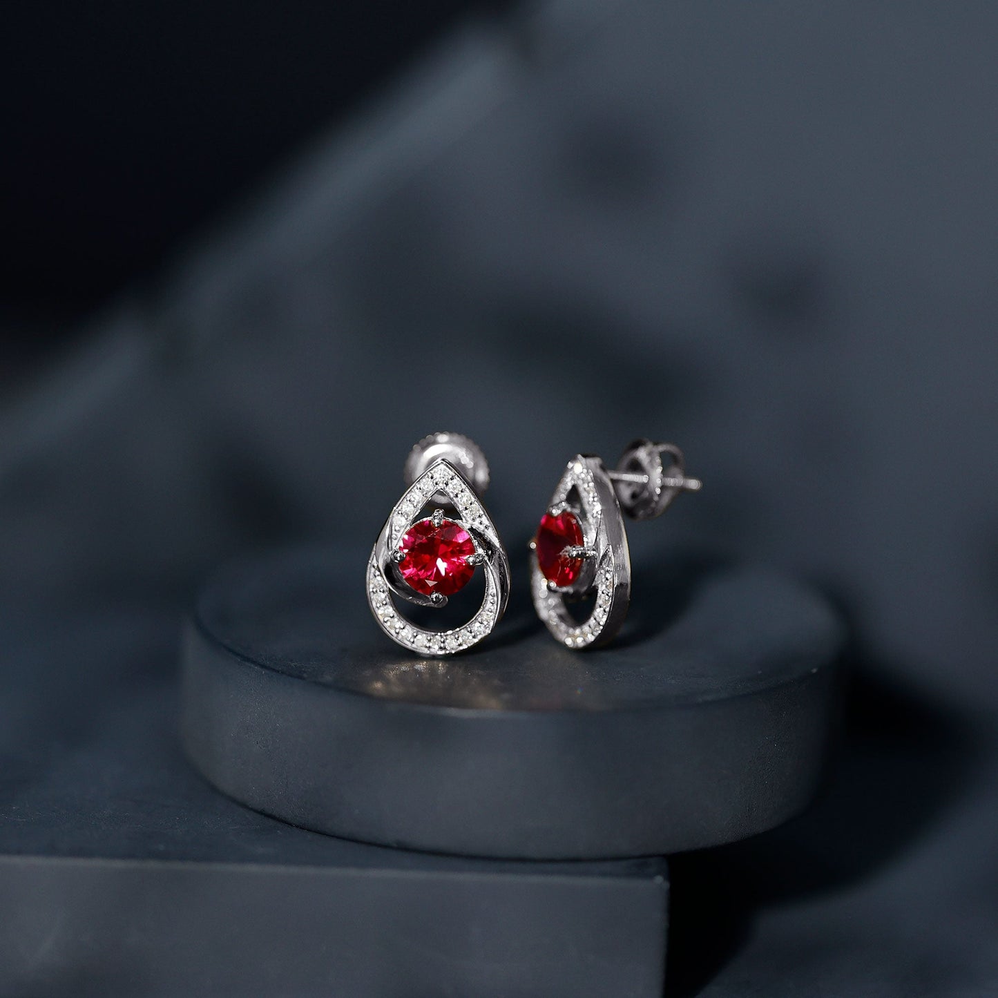 Lab Grown Ruby Teardrop Stud Earrings With Diamond