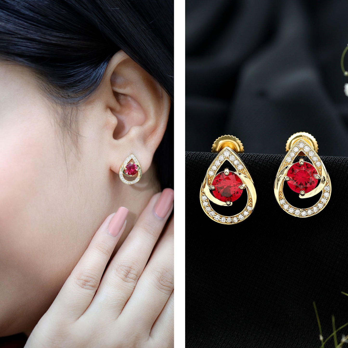 Lab Grown Ruby Teardrop Stud Earrings With Diamond