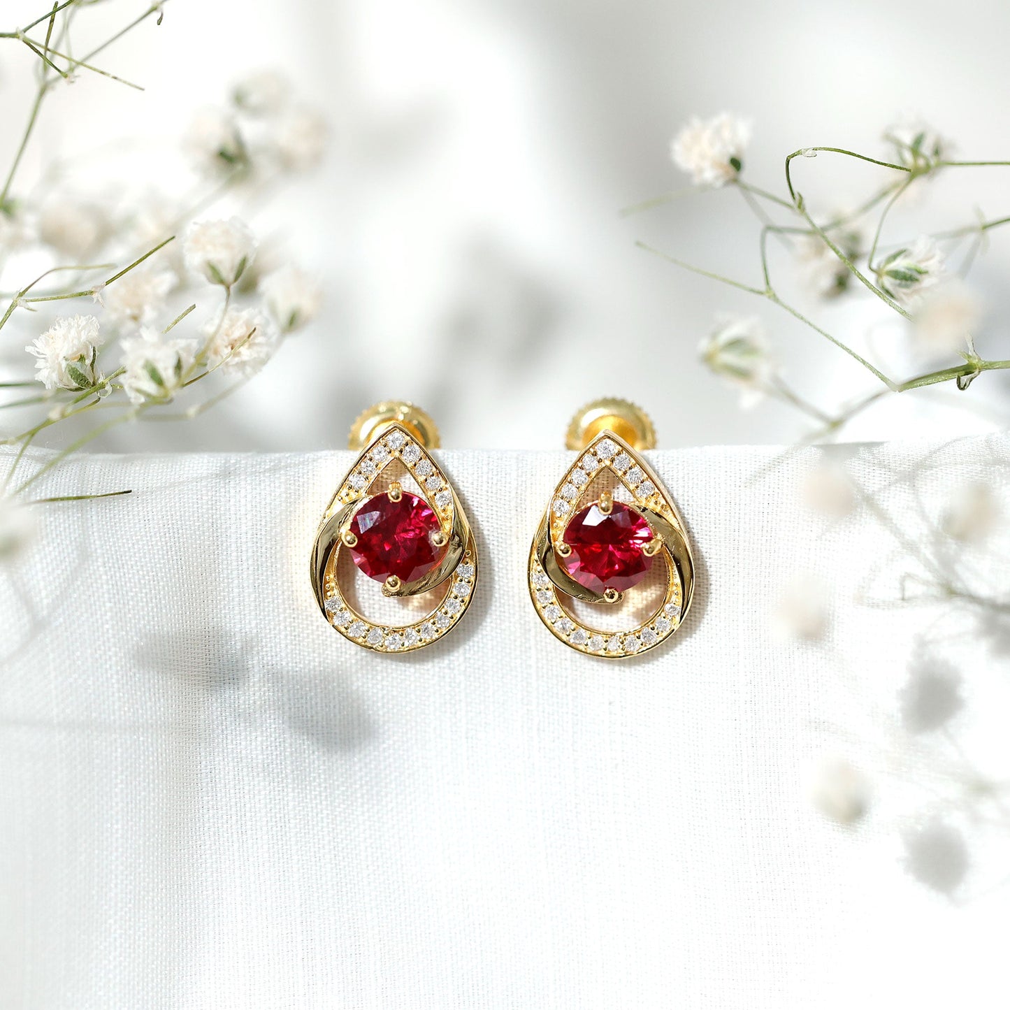 Lab Grown Ruby Teardrop Stud Earrings With Diamond