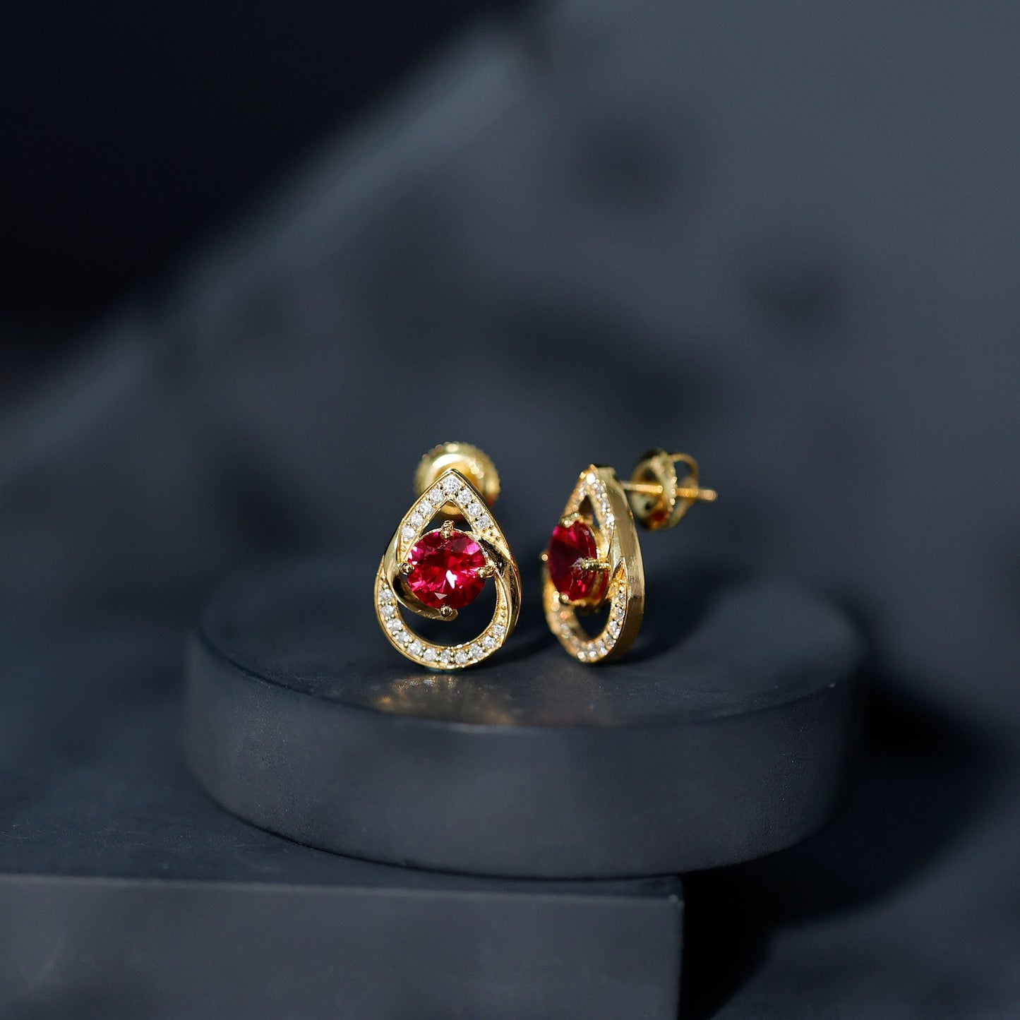 Lab Grown Ruby Teardrop Stud Earrings With Diamond